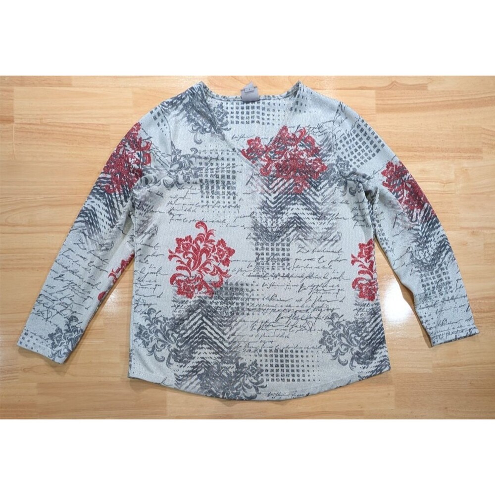Chicos Metallic Silver Shimmer Top Womens 2 Large L Long Sleeve Damask Red Text